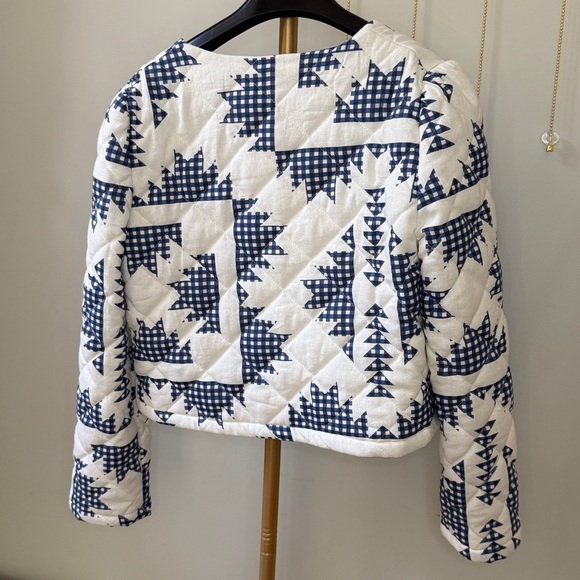 NWT CAROLINE CONSTAS White/Blue Quilted Jacket Linen Blend Puffy Shoulder $395 - Picture 6 of 8